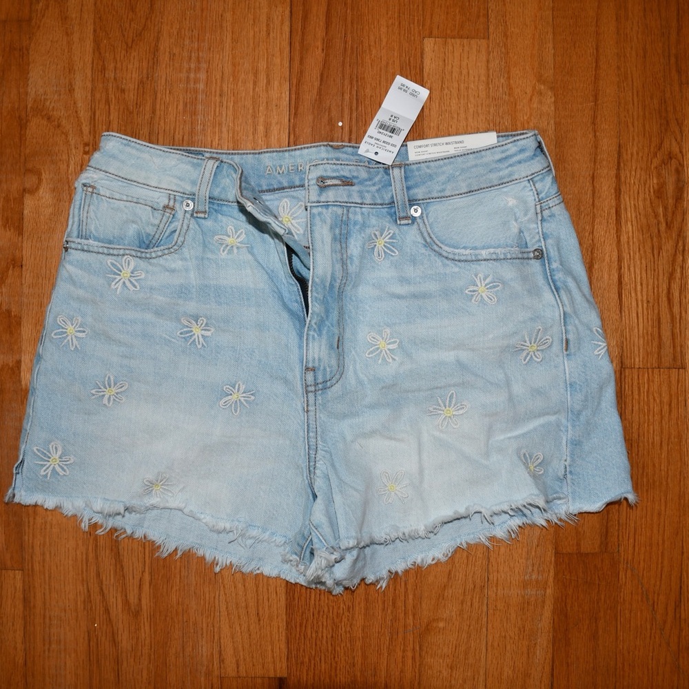 Women's Light Blue Denim Shorts with Embroidered Flowers